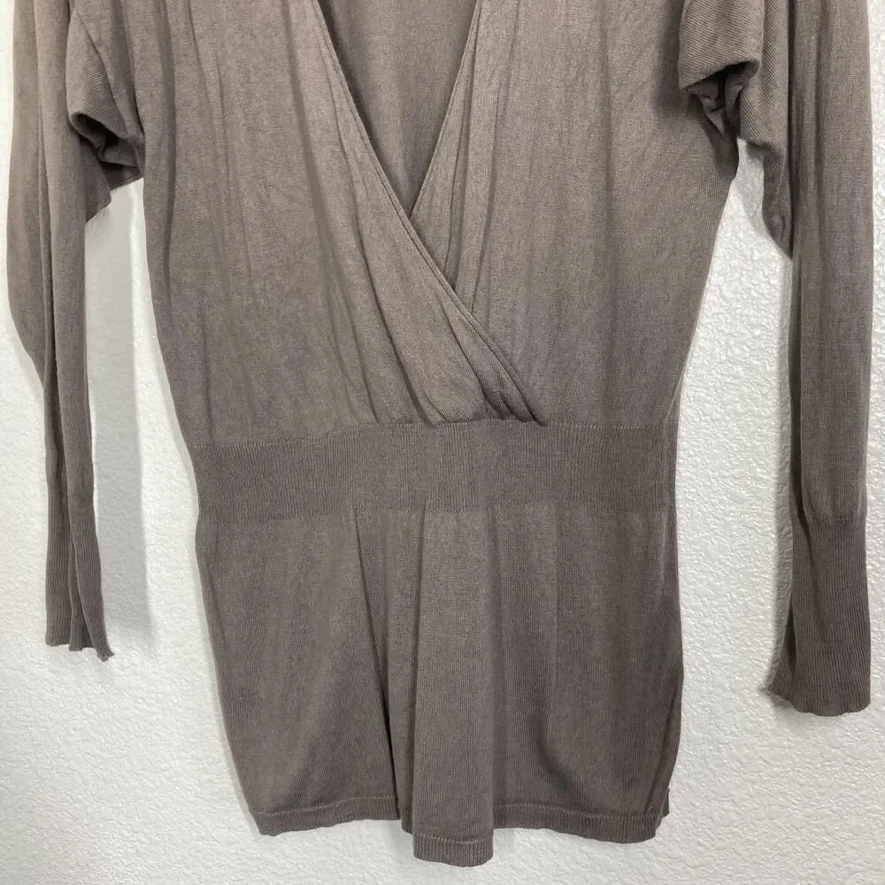 Ann Taylor Loft silk Sweater Womens Medium Brown Surplice Wrap Top Long Sleeve